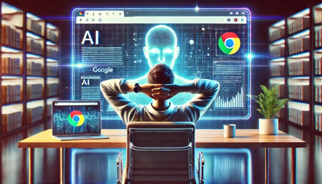 A man looking at AI doing all the web-based research.