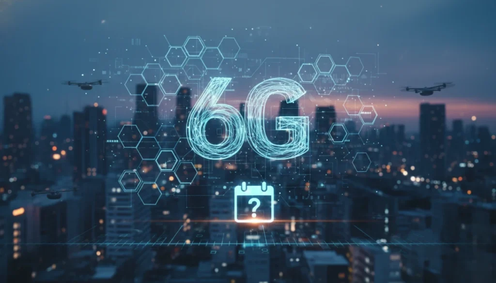 Futuristic city skyline with glowing digital network lines representing 6G wireless connectivity.