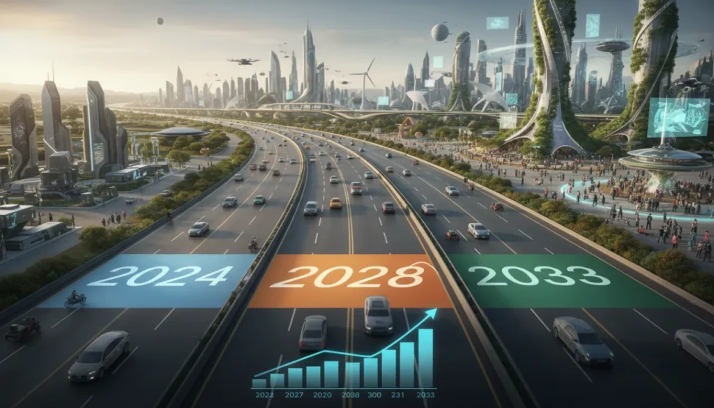 Realistic three-stage timeline path winding through a glowing digital landscape toward a futuristic horizon.
