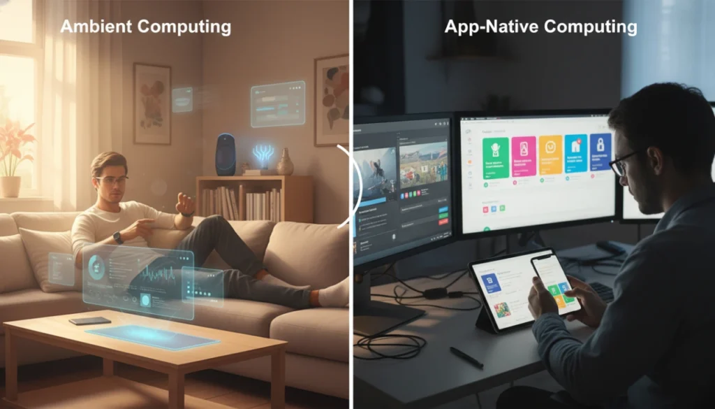 Realistic depiction of a person using a smartphone within a glowing, invisible ambient computing environment.
