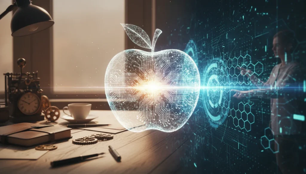Realistic digital interface seamlessly merging with a physical environment through glowing, transparent data streams.