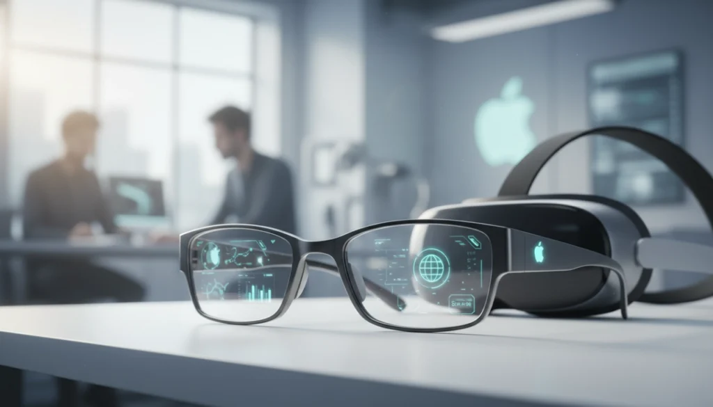Realistic minimalist smart glasses displayed on a desk next to an iPhone and MacBook.
