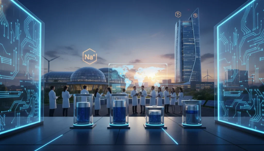 Realistic sodium-ion battery cells and salt crystals in a modern, high-tech industrial laboratory.