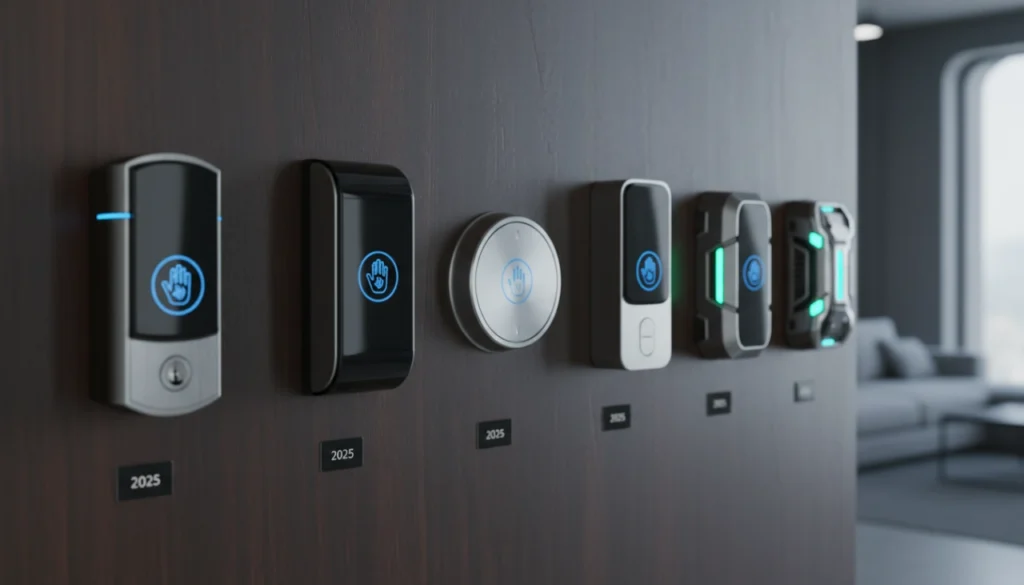 Person scanning their palm on a modern smart deadbolt for secure keyless home entry.