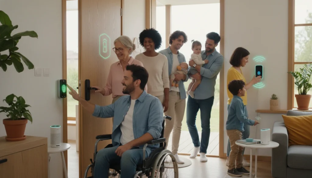 Diverse individuals using facial and fingerprint recognition to access a modern, accessible smart home.