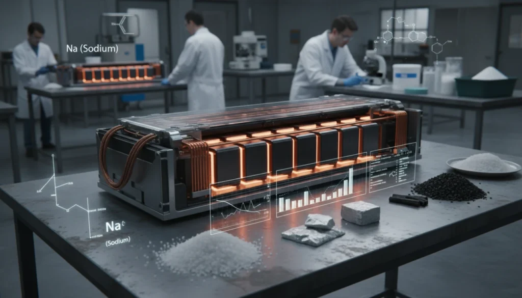 Realistic electric vehicle battery cell next to a pile of natural white sodium salt crystals.