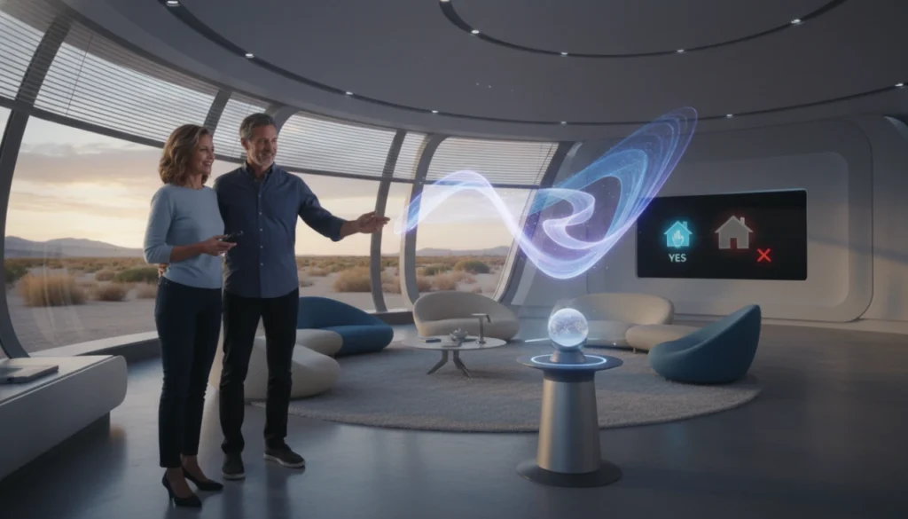 Modern home interior with a person using a hand gesture to control smart home devices.