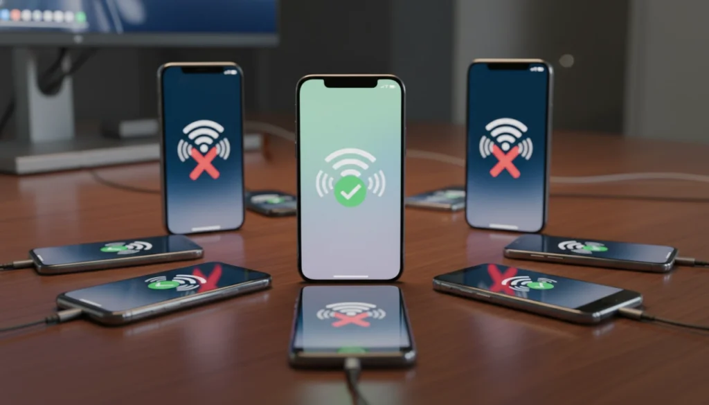 Multiple generations of iPhones displayed side-by-side on a clean, minimalist surface.