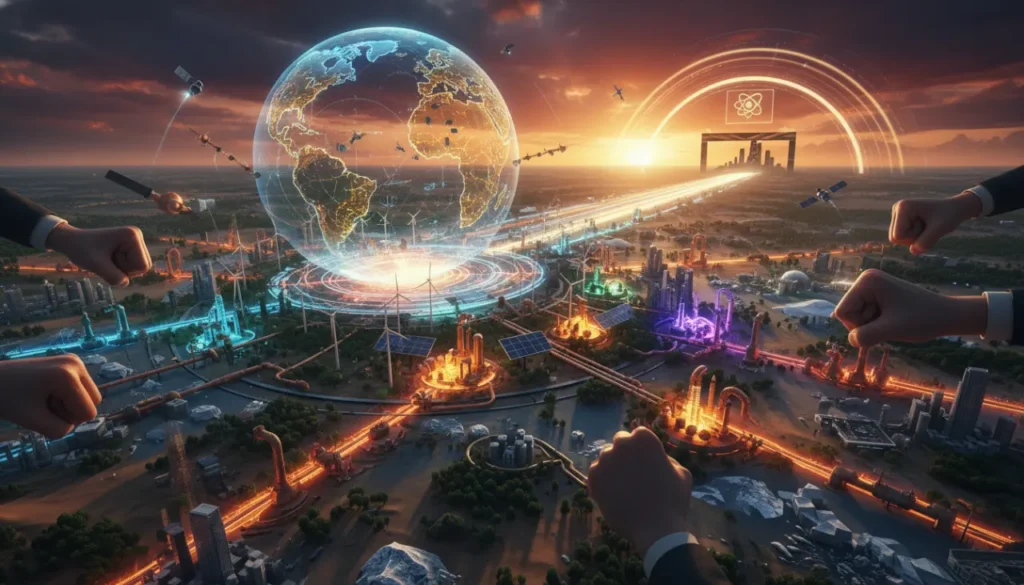 Realistic Earth globe with renewable energy infrastructure and oil rigs, depicting global energy competition.