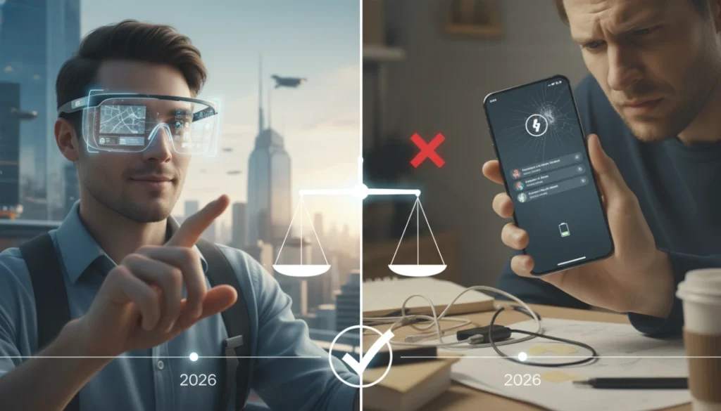 Realistic side-by-side comparison of sleek AR glasses and a high-tech smartphone.