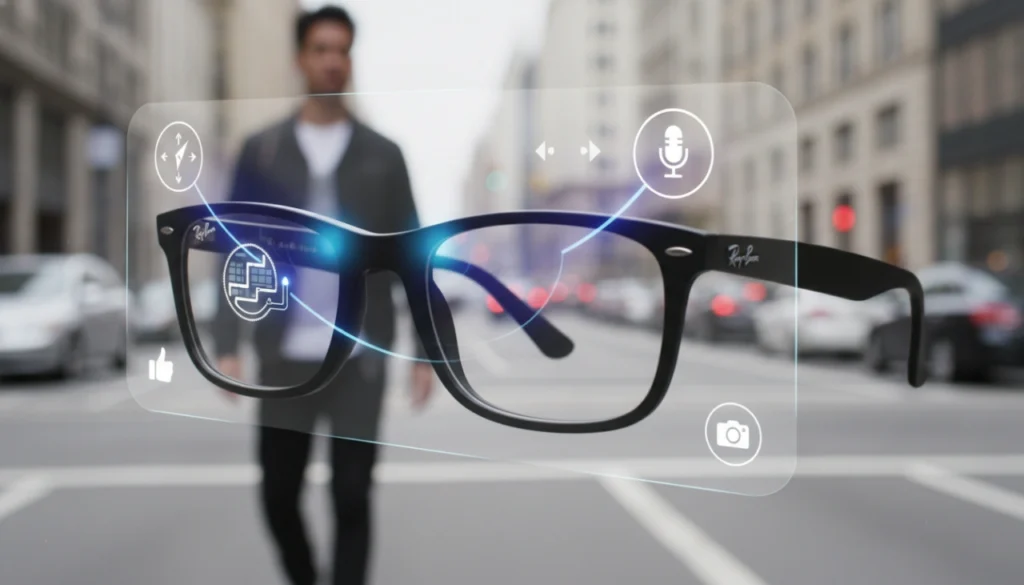 Person wearing stylish Meta Ray-Ban smart glasses with integrated digital AR interface overlays.