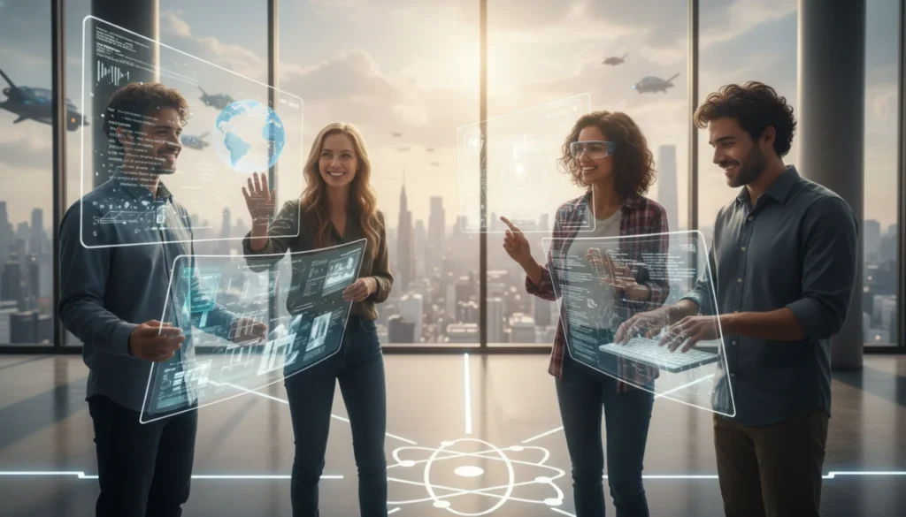 Hands holding a futuristic transparent smartphone with glowing holographic interfaces in a modern setting.