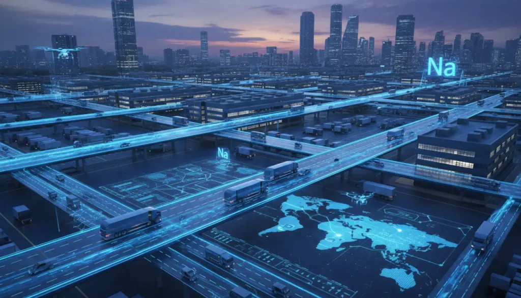 Realistic logistics hub with electric trucks powered by glowing sodium battery energy cells.