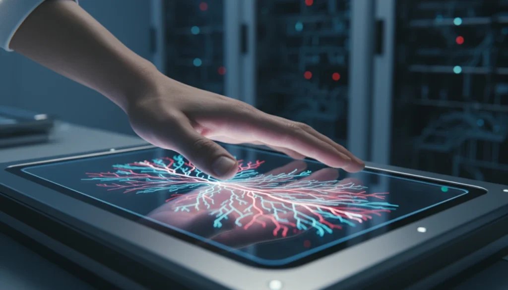 Close-up of a human palm showing glowing blue biometric vein patterns for identity scanning.