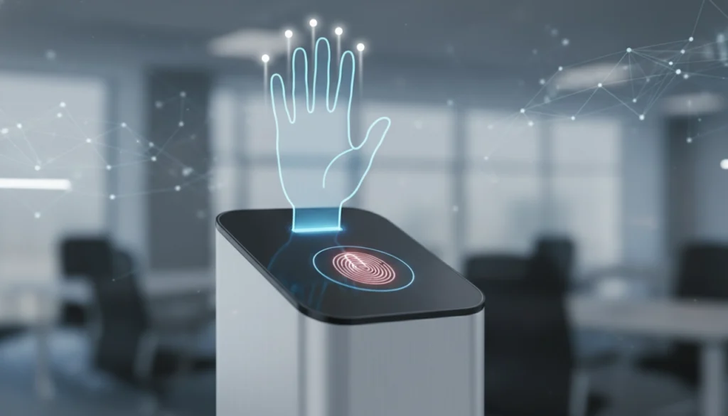 Realistic close-up of a human palm being scanned by a biometric security light sensor.