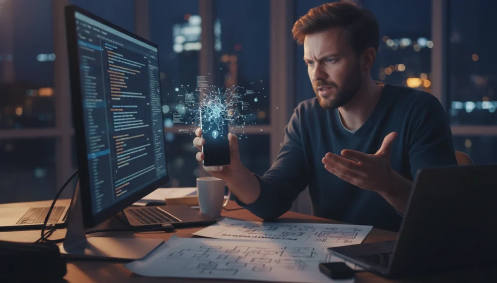 Realistic photo of a developer comparing a small smartphone screen to large workstation monitors.