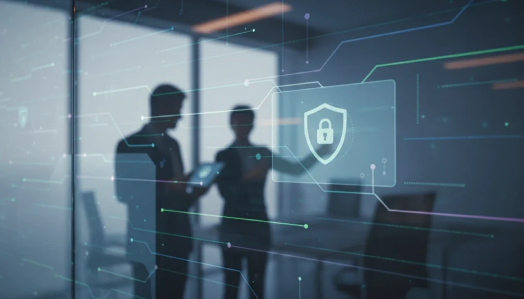 A glowing digital shield protecting a stack of hard drives in a dark server room.