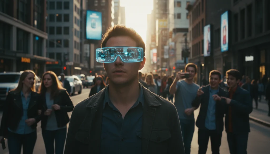 Close-up of a person wearing sleek AR glasses in public, reflecting modern privacy concerns.