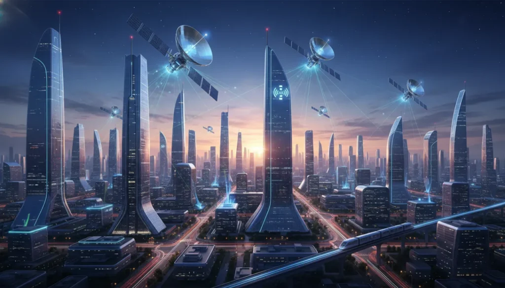 Realistic satellites orbiting Earth with glowing digital network lines representing global 5G connectivity.