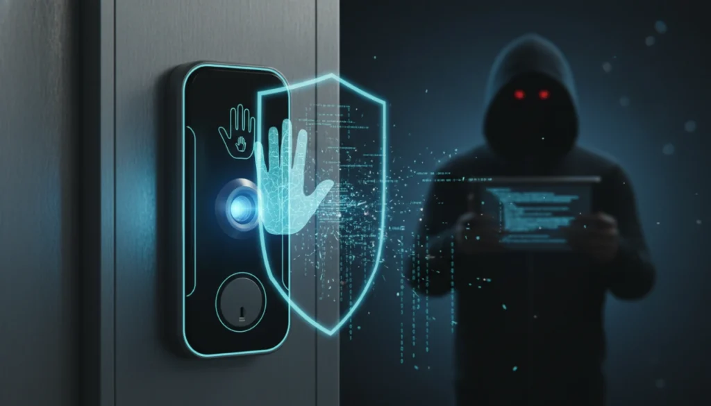 Realistic close-up of a human hand being scanned by a glowing palm recognition smart lock.