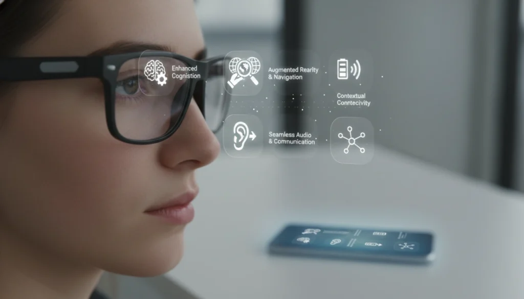 Futuristic smart glasses with a holographic interface floating above a modern smartphone.