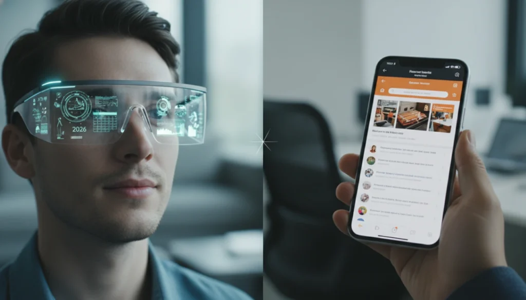 Person wearing sleek smart glasses looking at holographic displays next to a handheld smartphone.
