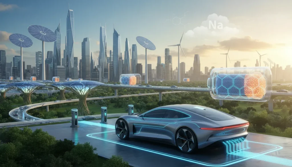 Realistic image of an electric vehicle chassis revealing a glowing sodium-ion battery pack.