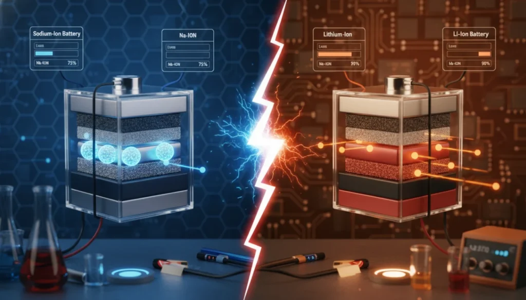 Realistic 3D comparison of sodium-ion and lithium-ion battery cells with glowing energy.