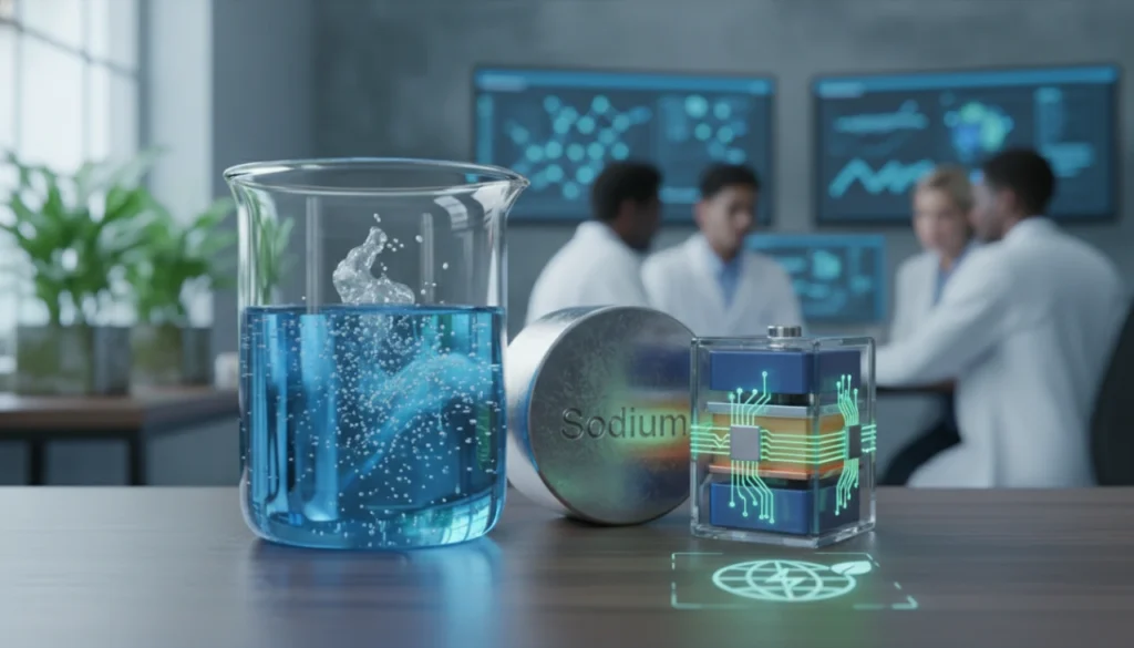 Realistic sodium-ion battery surrounded by white salt crystals and fresh green leaves.