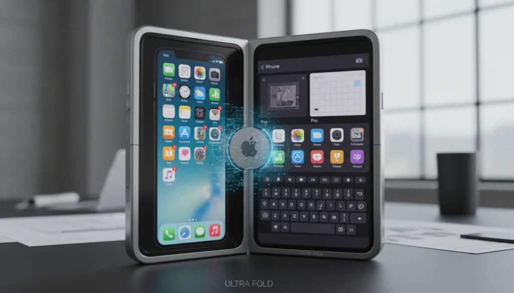 Realistic foldable iPhone displaying a dual-mode interface transitioning between smartphone and tablet screen layouts.