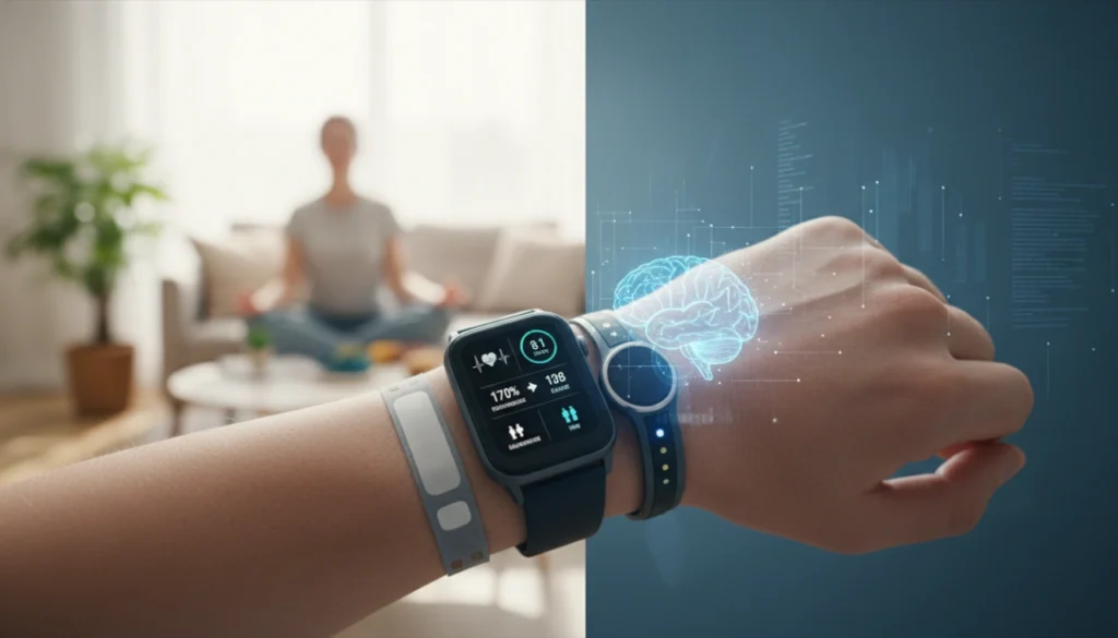 A person wearing a fitness tracker, looking thoughtfully at digital health metrics on their wrist.