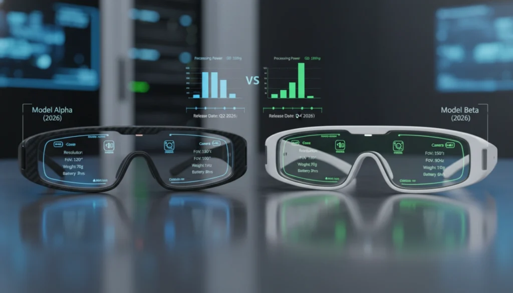 Person wearing sleek augmented reality glasses projecting vibrant holographic data and technical specifications.