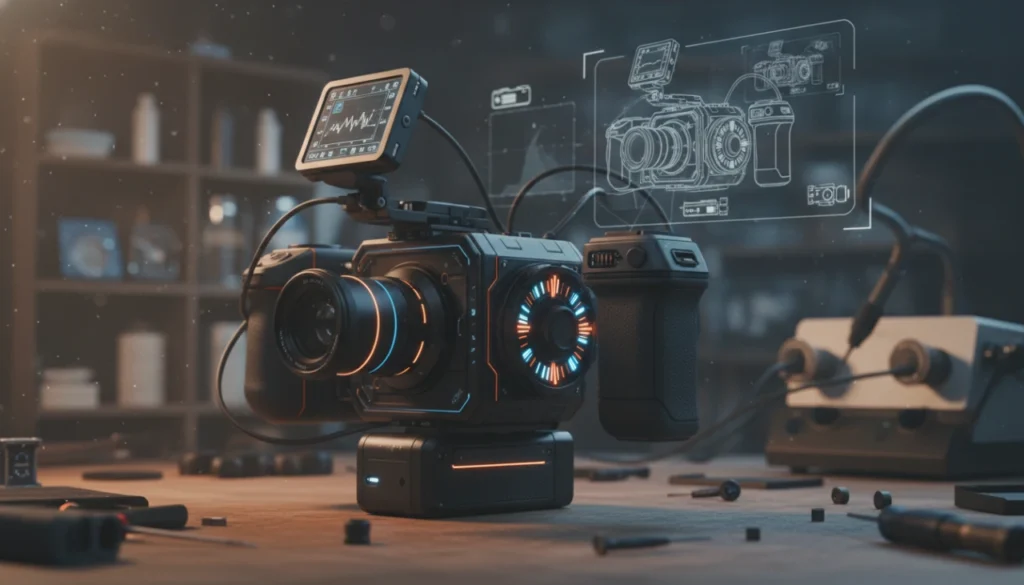 Modular professional camera with a customizable digital interface featuring interactive touchscreen widgets.