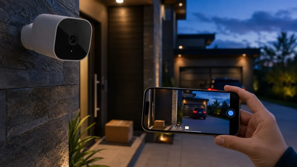 4K security camera monitoring a modern smart home through a smartphone at night.