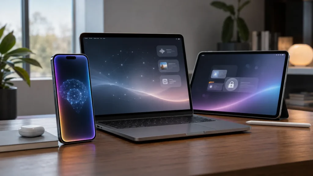 Is Apple Intelligence Really Worth It? Apple Intelligence features displayed across an iPhone, MacBook and iPad in a modern workspace.