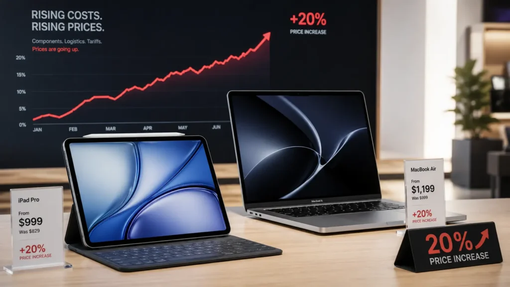 iPad and Mac-style devices displayed with price tags showing a 20% increase and a rising cost chart in the background.
