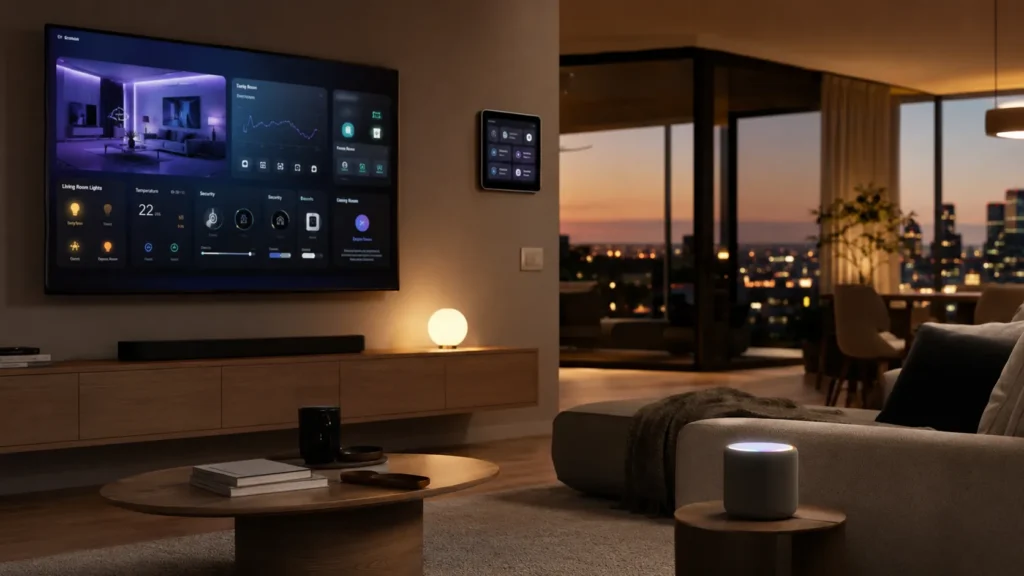Apple Intelligence smart home with connected TV, smart display and HomePod in a modern living room.