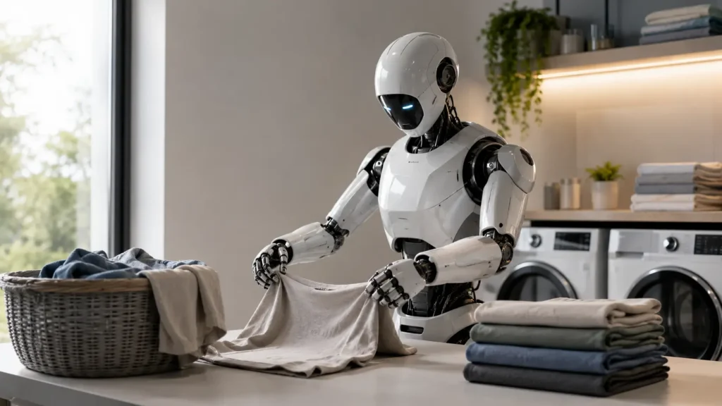 Humanoid robot folding a shirt in a modern laundry room with folded clothes and a laundry basket nearby.