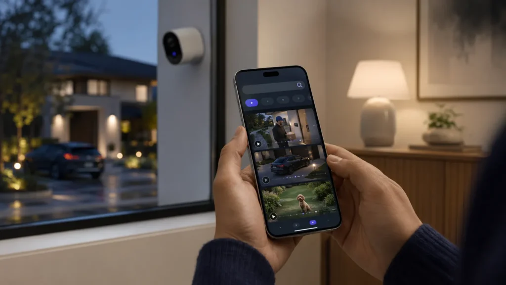 Smartphone using natural-language search to find recorded HomeKit security footage from multiple cameras.