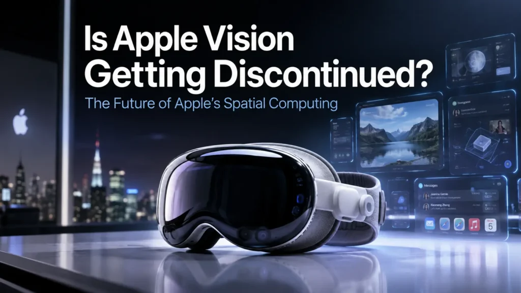 Apple Vision Pro headset with futuristic spatial interfaces, representing uncertainty around its future and Apple’s shift toward smart glasses.
