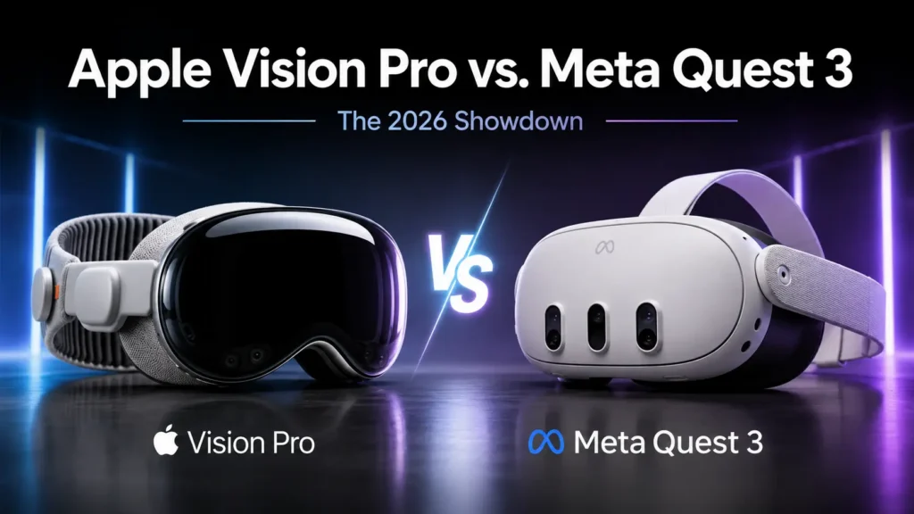 Apple Vision Pro and Meta Quest 3 headsets side by side in a futuristic studio for a 2026 mixed reality comparison.