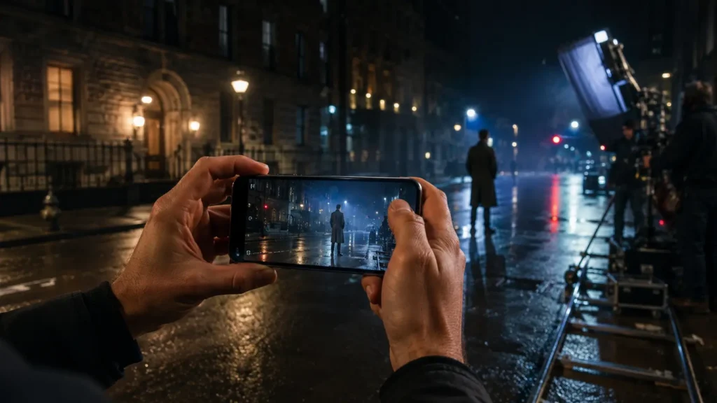 Filmmaker using an iPhone 17 Pro to record a cinematic scene on a rain-soaked city street at night.