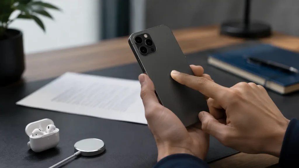 Person using the hidden Back Tap feature on an iPhone beside wireless earbuds, a charging pad, and a document.