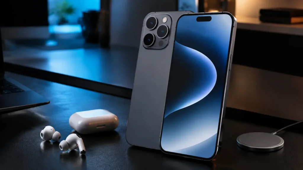 iPhone 17 Pro Max displayed on a modern desk alongside wireless earbuds and a charging pad.