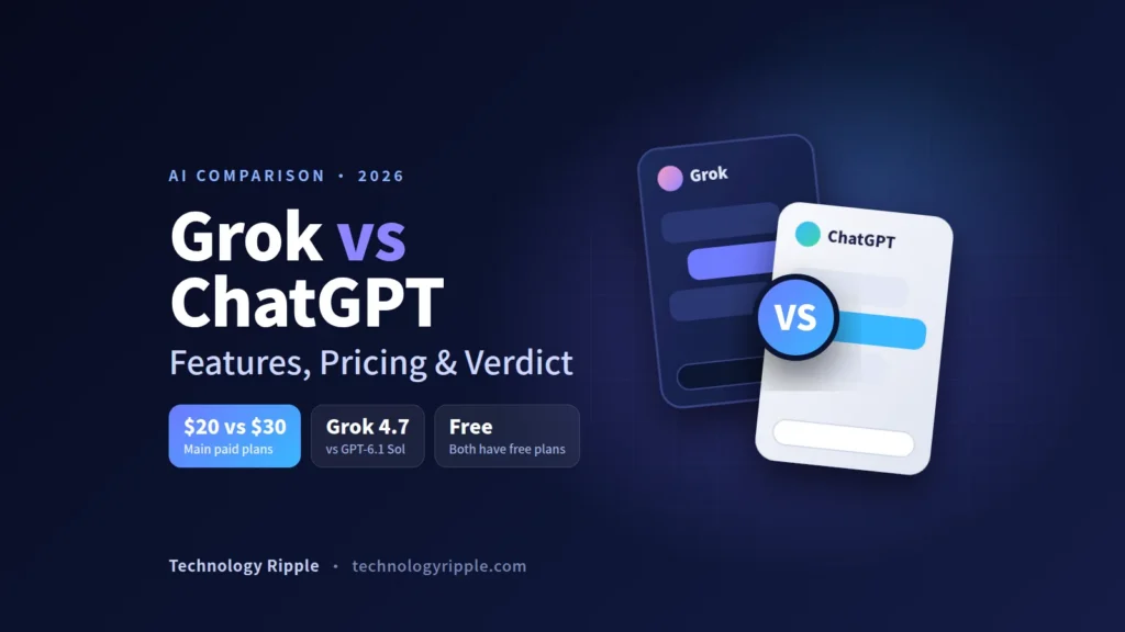 Grok vs ChatGPT Comparison 2026: Features, Pricing & Verdict Grok vs ChatGPT comparison 2026 illustration showing two AI chat windows side by side with plan prices and model names