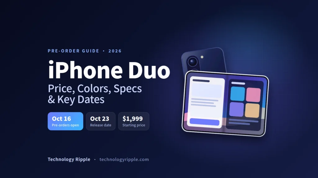 iPhone Duo Pre-Order Guide: Price, Colors, Specs & Dates iPhone Duo pre-order guide illustration showing the foldable open and closed, with the Oct 16 pre-order date and $1,999 price