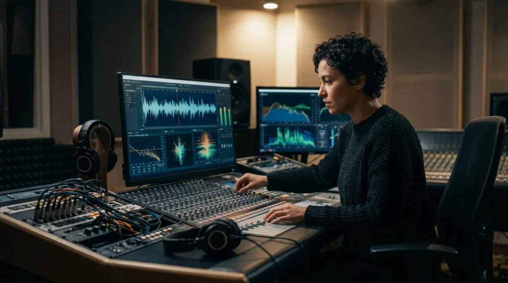 AI Music Filter: How Deezer and YouTube Music Flag AI Songs AI music filter concept with a sound engineer checking waveforms in a recording studio