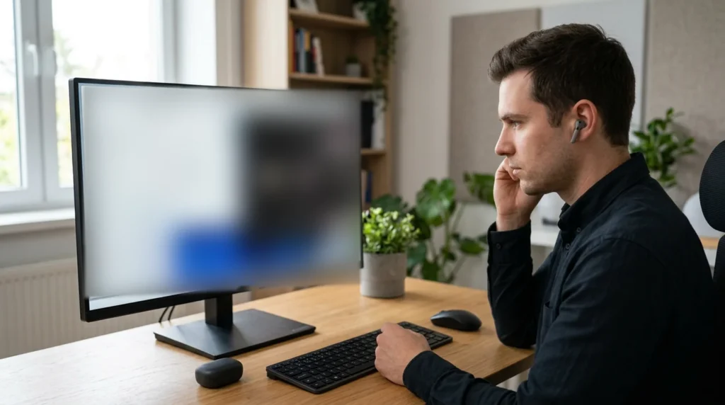 Person wearing wireless earbuds at a desktop PC, troubleshooting AirPods Pro 3 not working on Windows 11