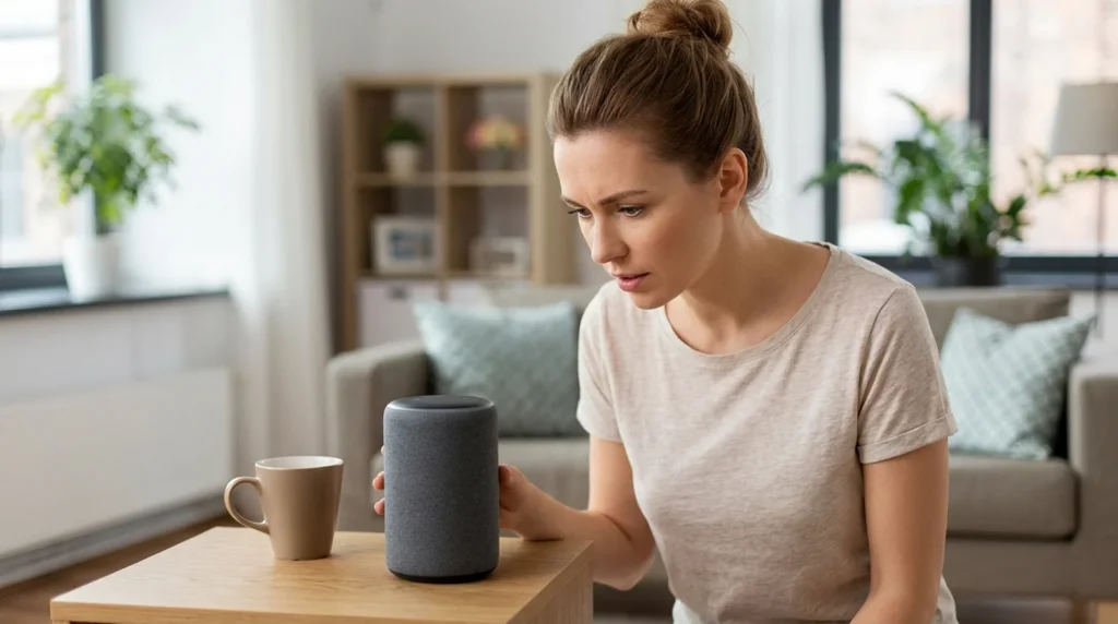 Alexa Not Responding? 10 Fixes for Echo and Alexa+ Woman checking a smart speaker on a side table because alexa not responding to her voice