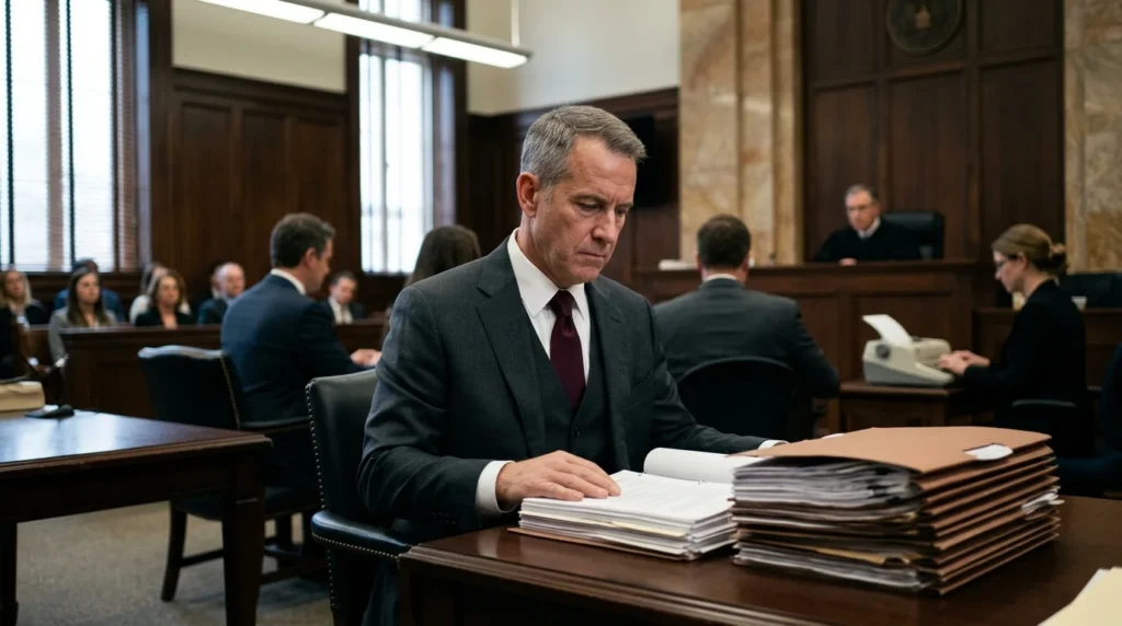 American Express Fine: Why Amex Must Pay $350 Million Man reviewing case files in a courtroom over the American Express fine
